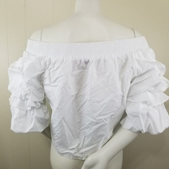 Zara Basic M White Balloon Ruffle Sleeve Blouse Off the Shoulder Keyhole Bow - Picture 4 of 8